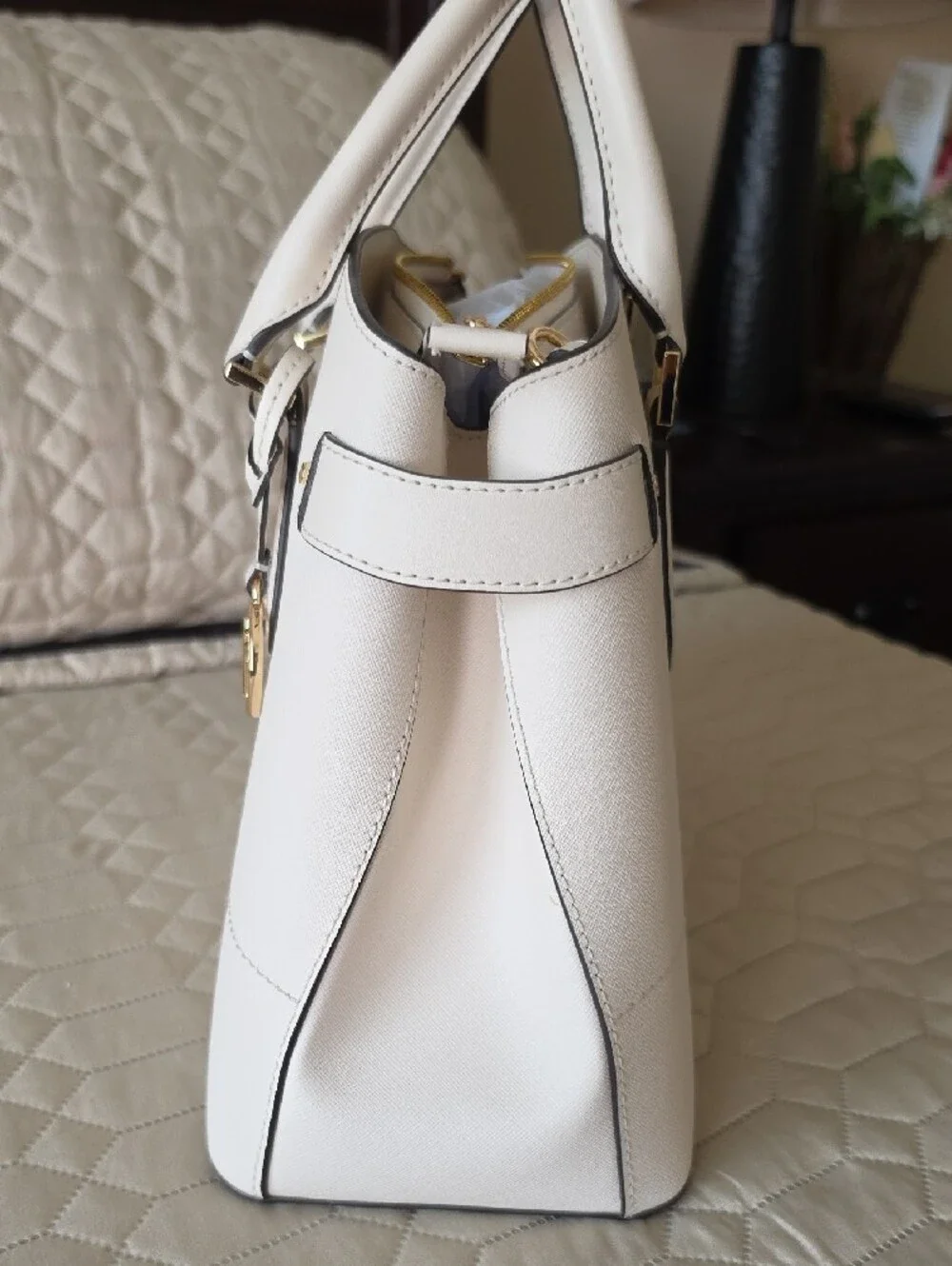 Michael Kors White Saffiano Satchel with Gold Hardware